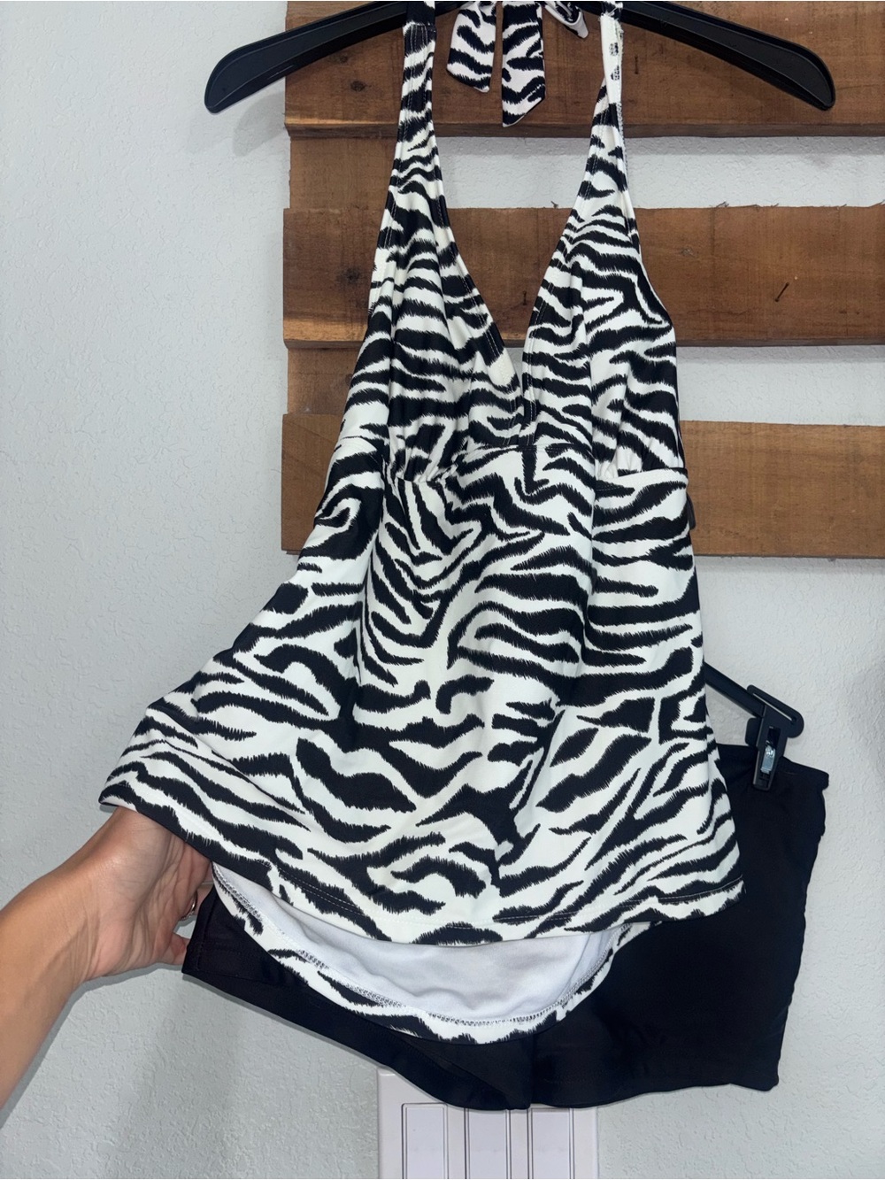 Catalina Black & White Zebra Halter Tankini Top with Black Shorts